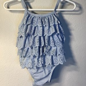 Baby Gap One Piece Swimsuit Blue and White Eyelet Ruffle Size 6-12mo